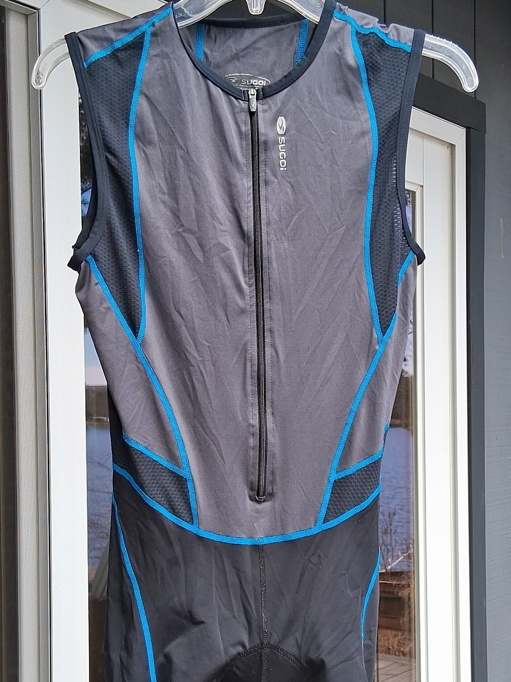 SUGOI Black and Gray with Blue Trim Sleeveless Tri Suit